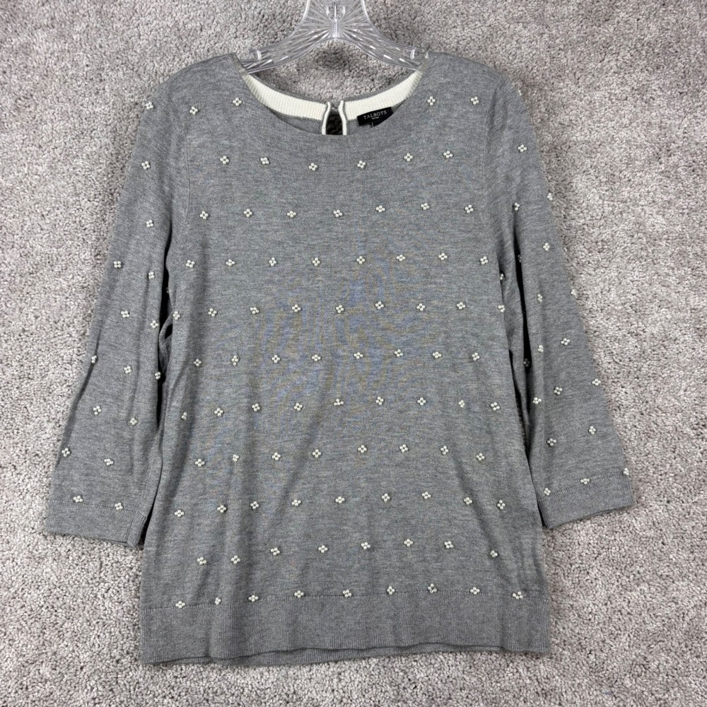 Talbots Petites Gray Pearl Embellished 3/4 Sleeve Sweater Size LP Keyhole Back